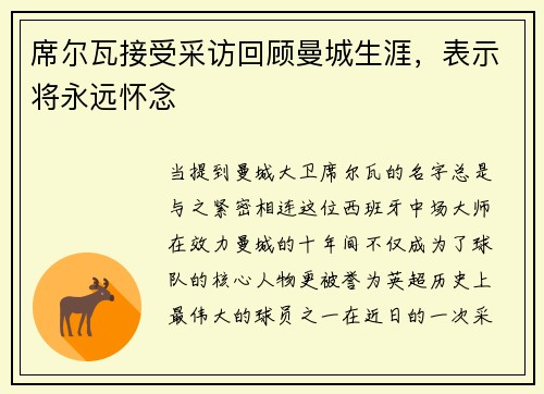 席尔瓦接受采访回顾曼城生涯，表示将永远怀念